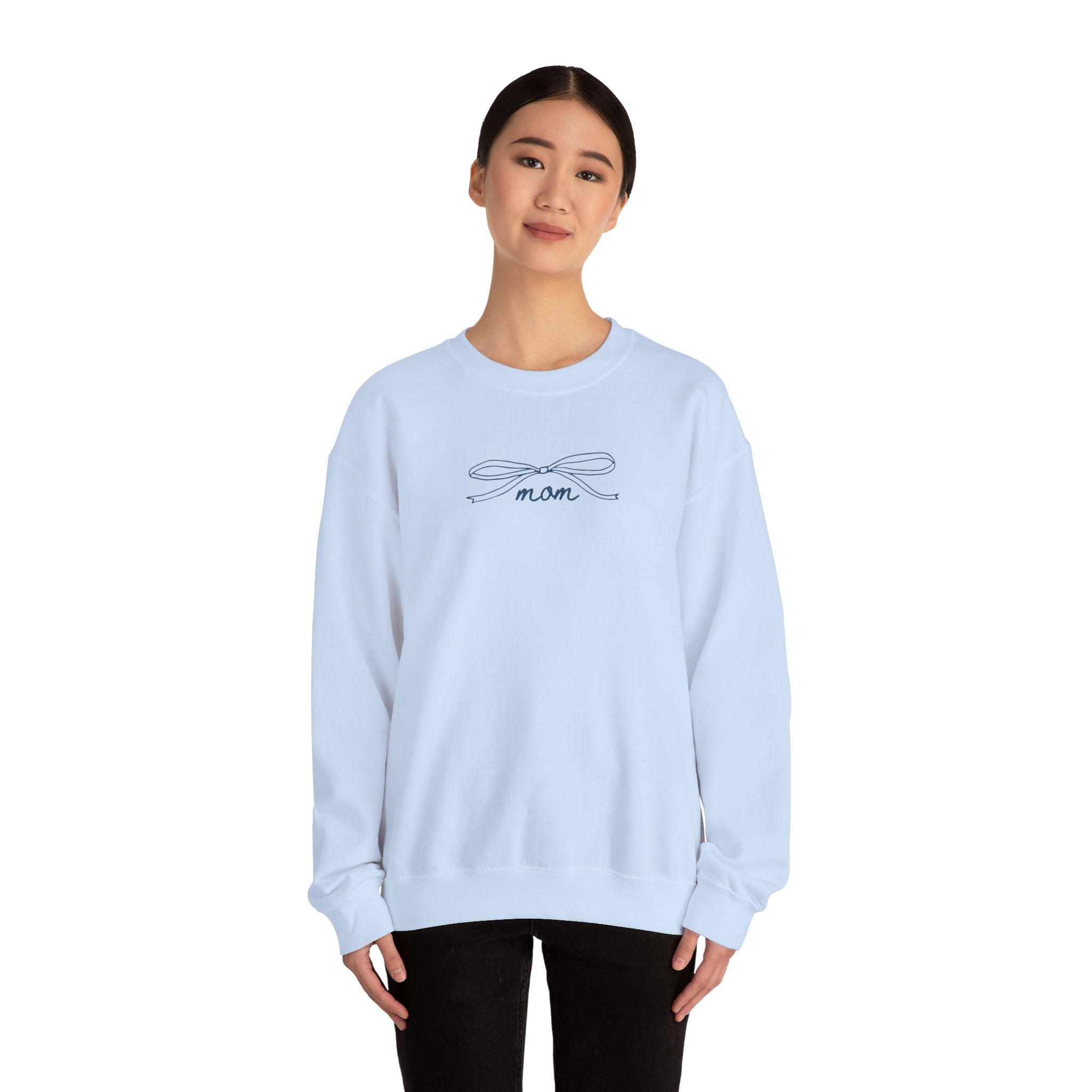 MOM Navy on Light Blue Bow Oversized Pullover Crewneck Sweatshirt Knotties Headbands