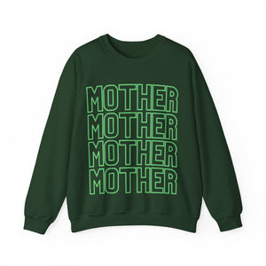 MOTHER on Repeat Oversized Pullover Crewneck Sweatshirt, Gifts for Mom, Baby Shower Gifts, Neon Green on Hunter Green, Mother's Day Gift