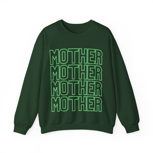 MOTHER on Repeat Oversized Pullover Crewneck Sweatshirt, Gifts for Mom, Baby Shower Gifts, Neon Green on Hunter Green, Mother's Day Gift