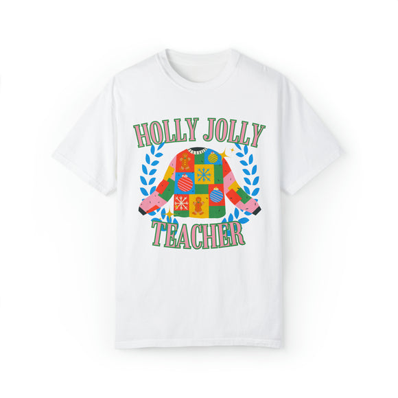 Holly Jolly Teacher, Colorful Christmas Sweater T-shirt