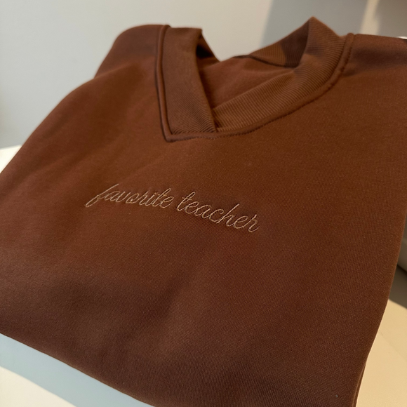 Espresso Brown Favorite Teacher Embroidered V-neck Crew Sweatshirt